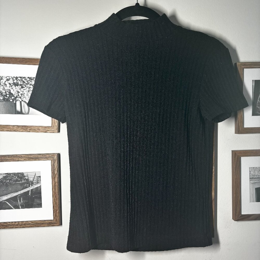 Vince Women’s Black Ribbed Short Sleeve Mock Neck Top